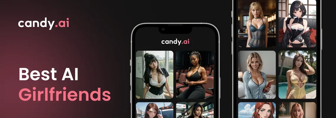 Candy AI mit einem Raster aus KI-Begleiterinnen und die App auf einem Smartphone
